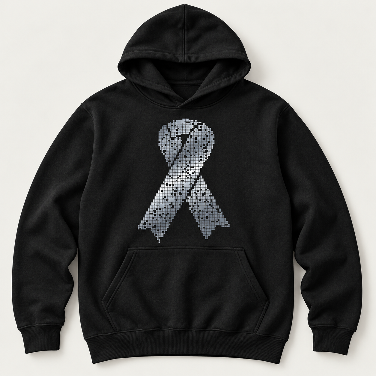 Black hoodie with the metallic silver Cyber Ribbon on the chest